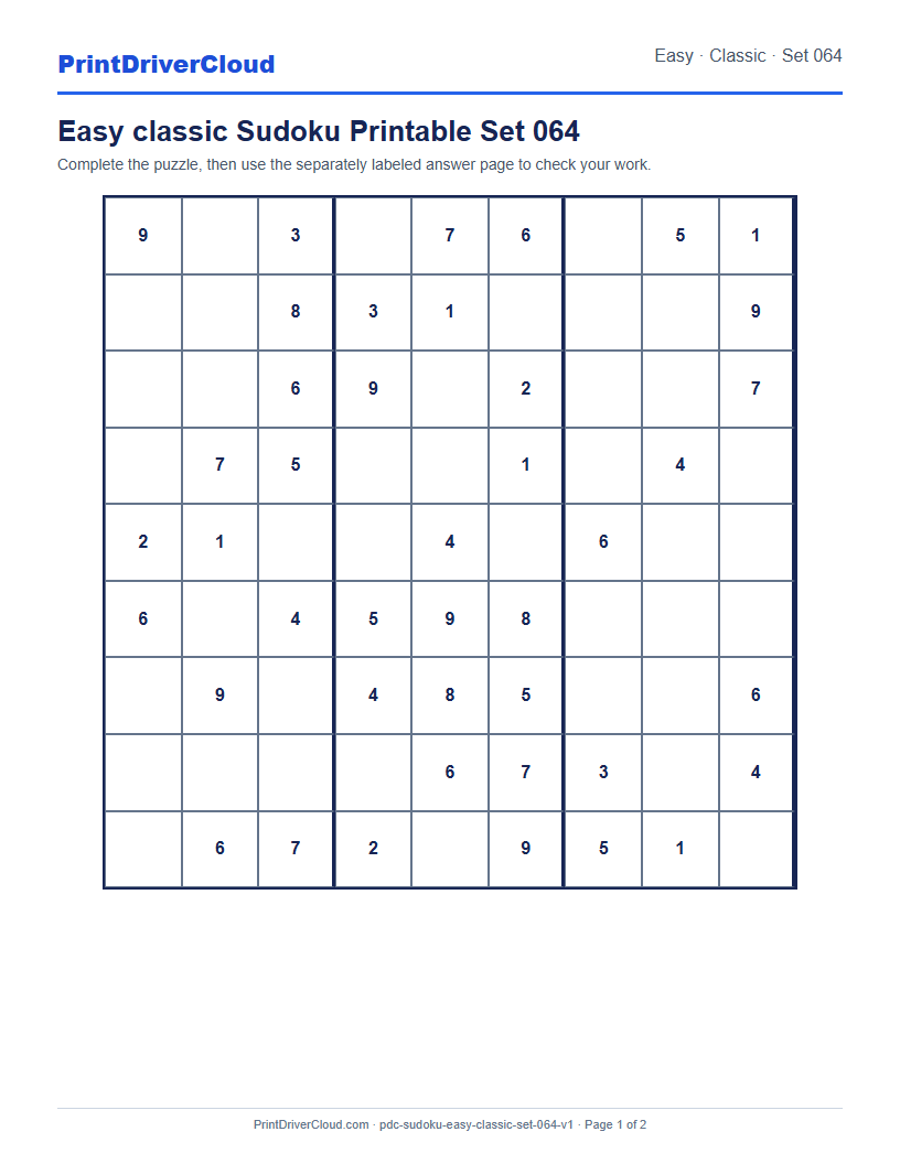 Preview of Easy classic Sudoku Printable Set 064
