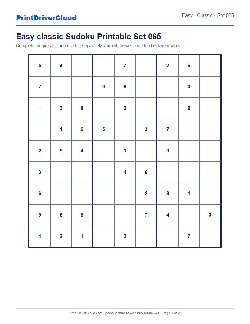 Preview of Easy classic Sudoku Printable Set 065