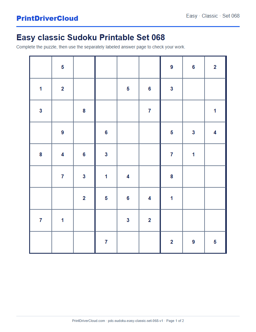 Preview of Easy classic Sudoku Printable Set 068