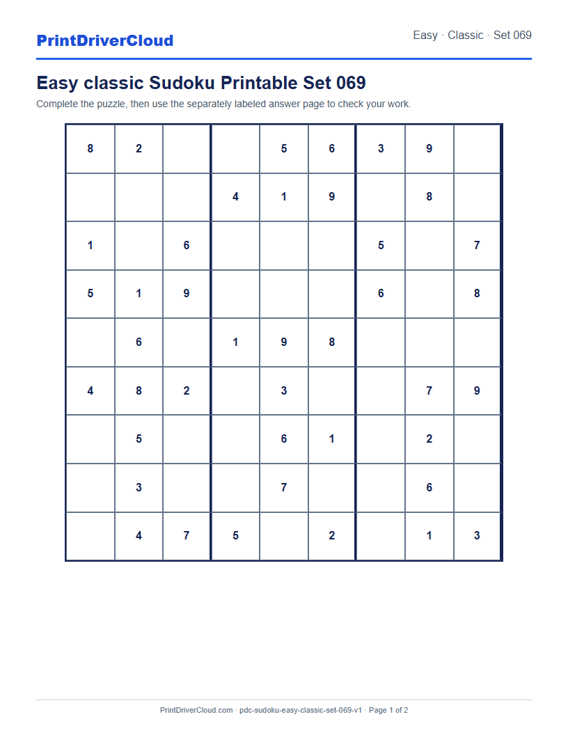 Preview of Easy classic Sudoku Printable Set 069