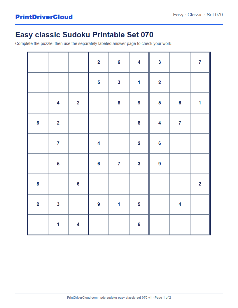 Preview of Easy classic Sudoku Printable Set 070