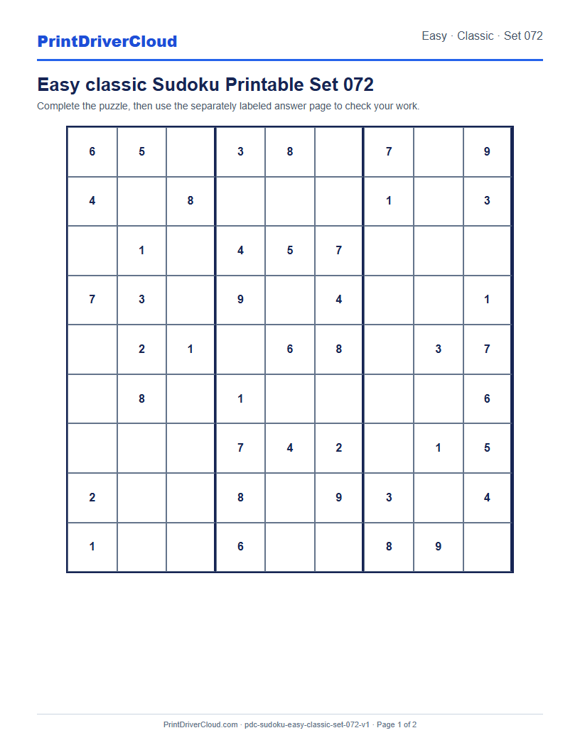 Preview of Easy classic Sudoku Printable Set 072
