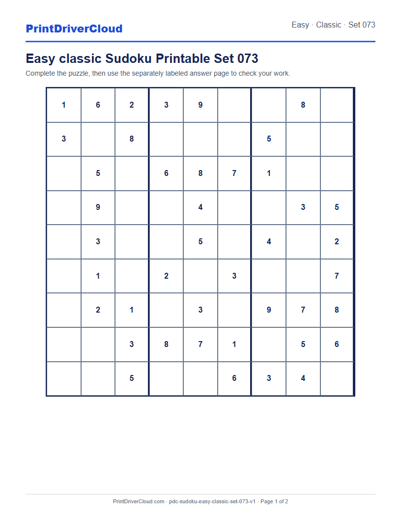 Preview of Easy classic Sudoku Printable Set 073