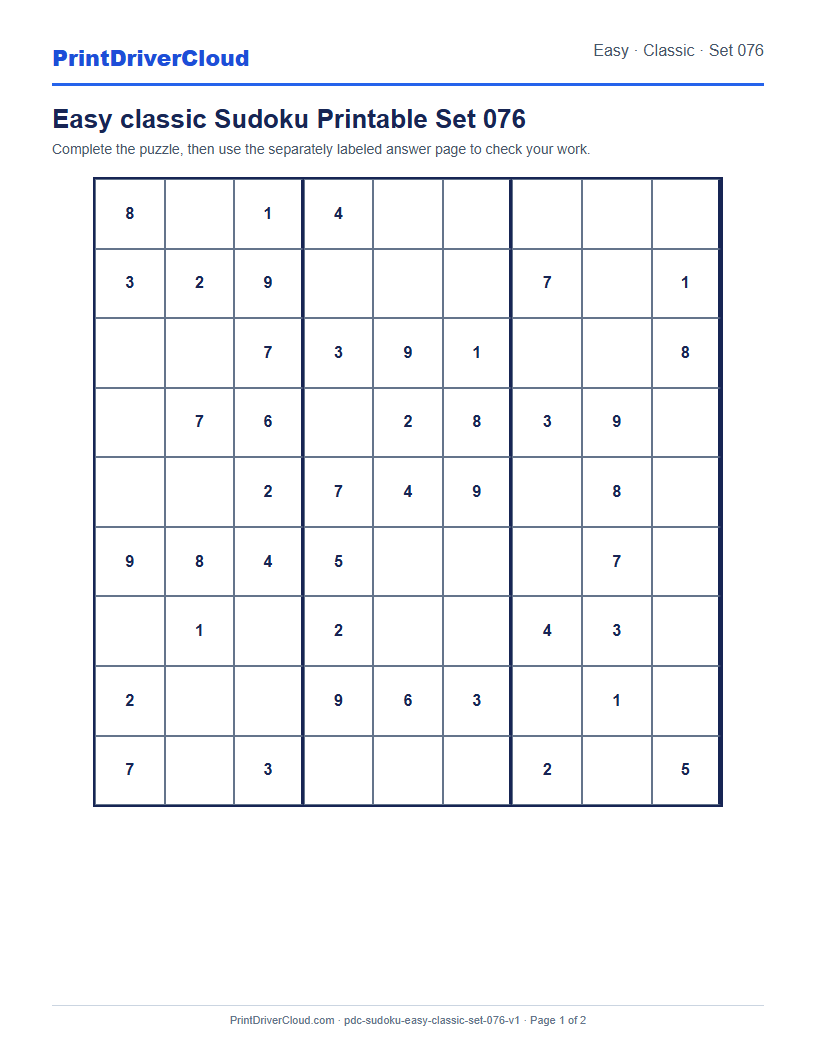 Preview of Easy classic Sudoku Printable Set 076