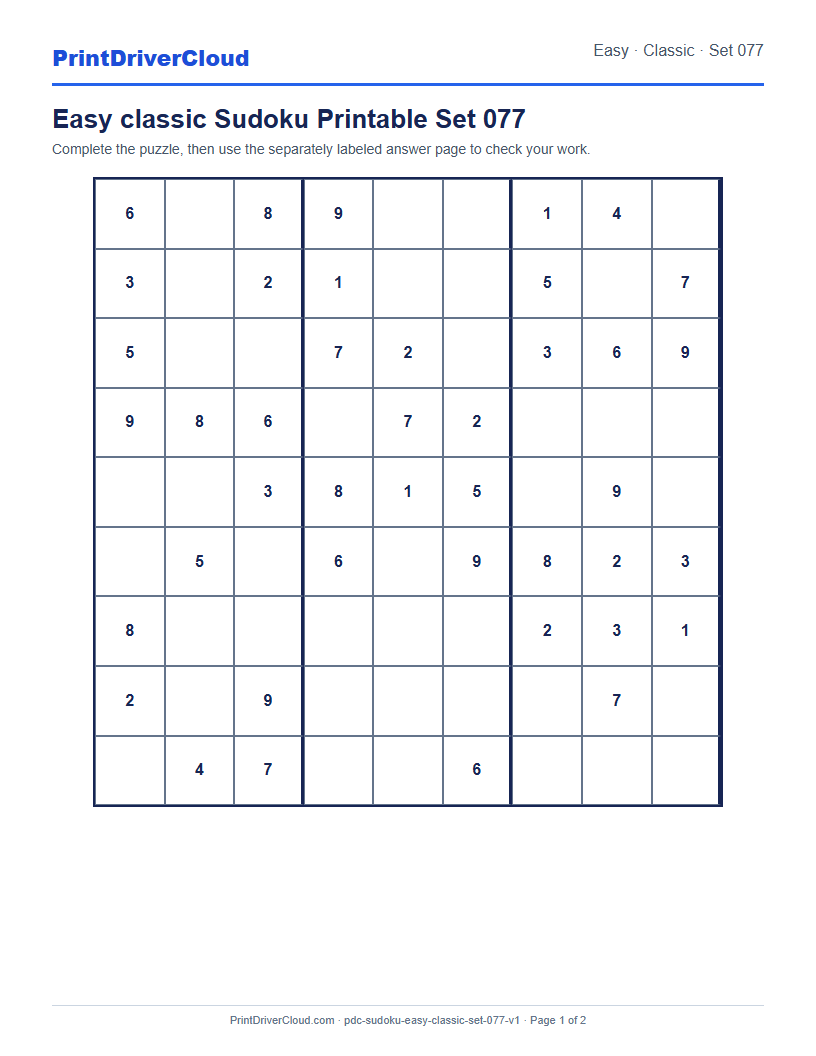 Preview of Easy classic Sudoku Printable Set 077