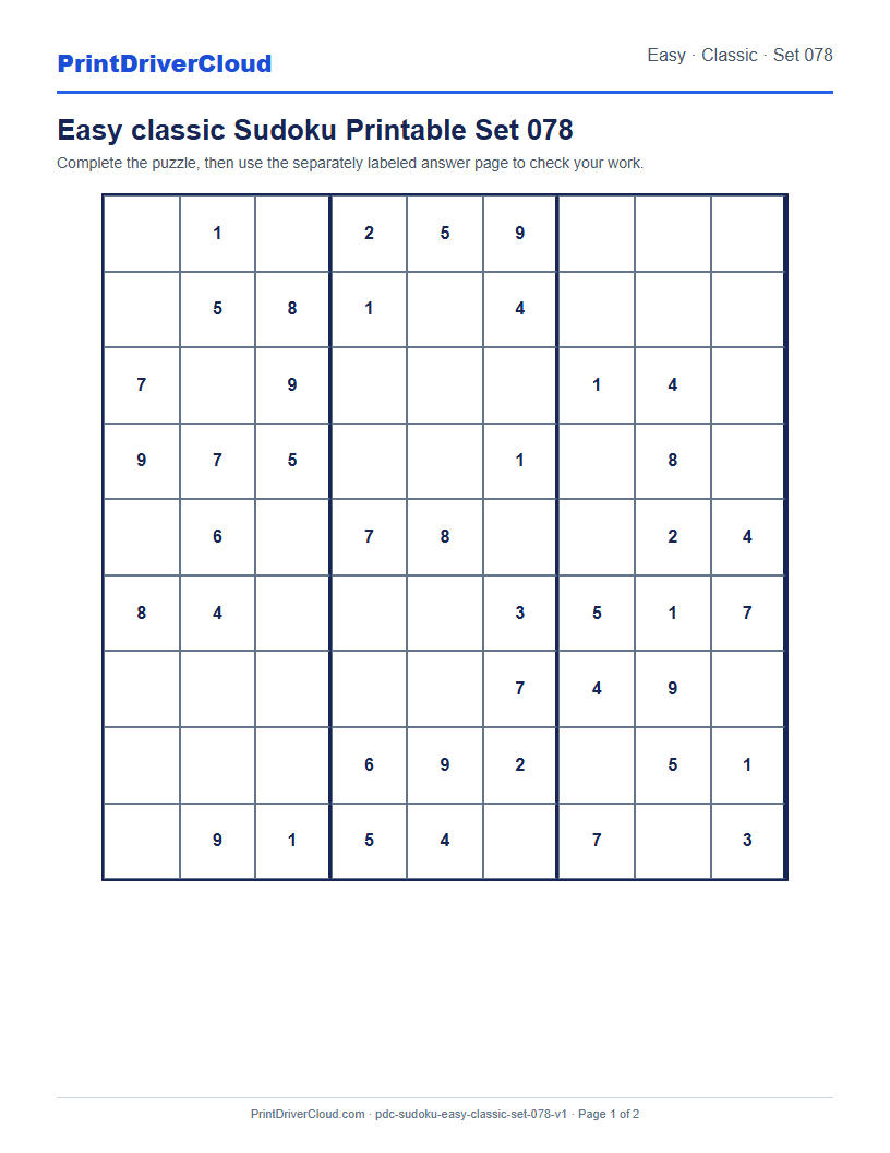 Preview of Easy classic Sudoku Printable Set 078
