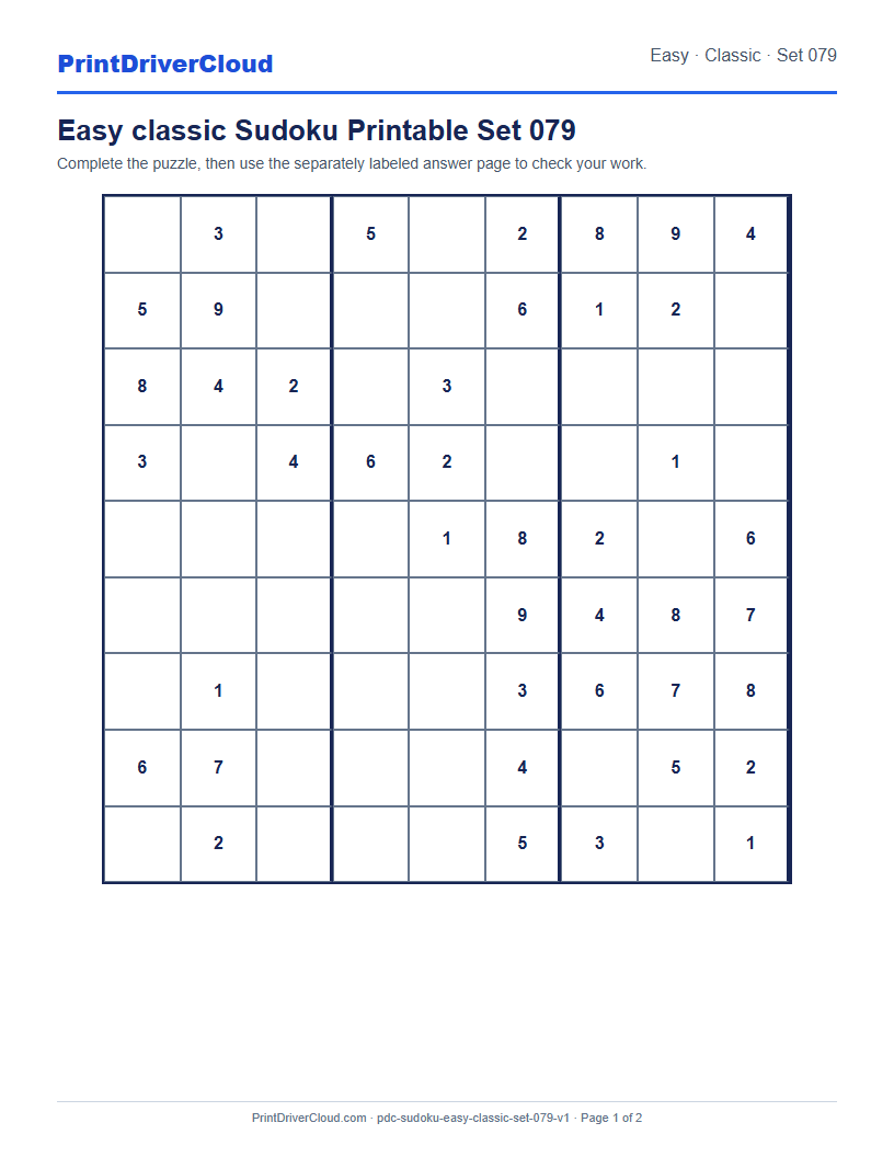 Preview of Easy classic Sudoku Printable Set 079