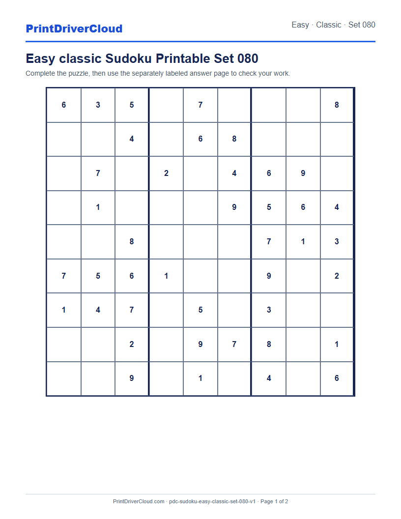 Preview of Easy classic Sudoku Printable Set 080