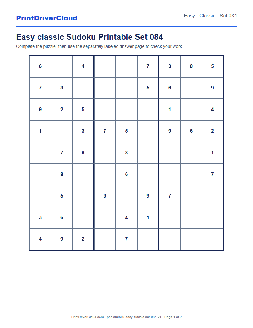 Preview of Easy classic Sudoku Printable Set 084