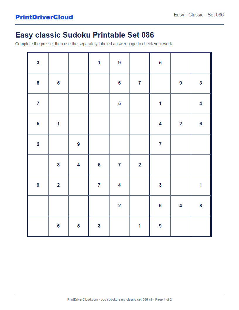 Preview of Easy classic Sudoku Printable Set 086