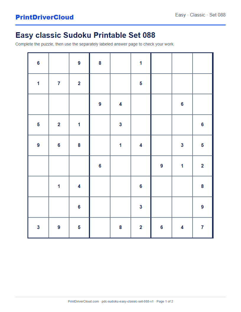 Preview of Easy classic Sudoku Printable Set 088