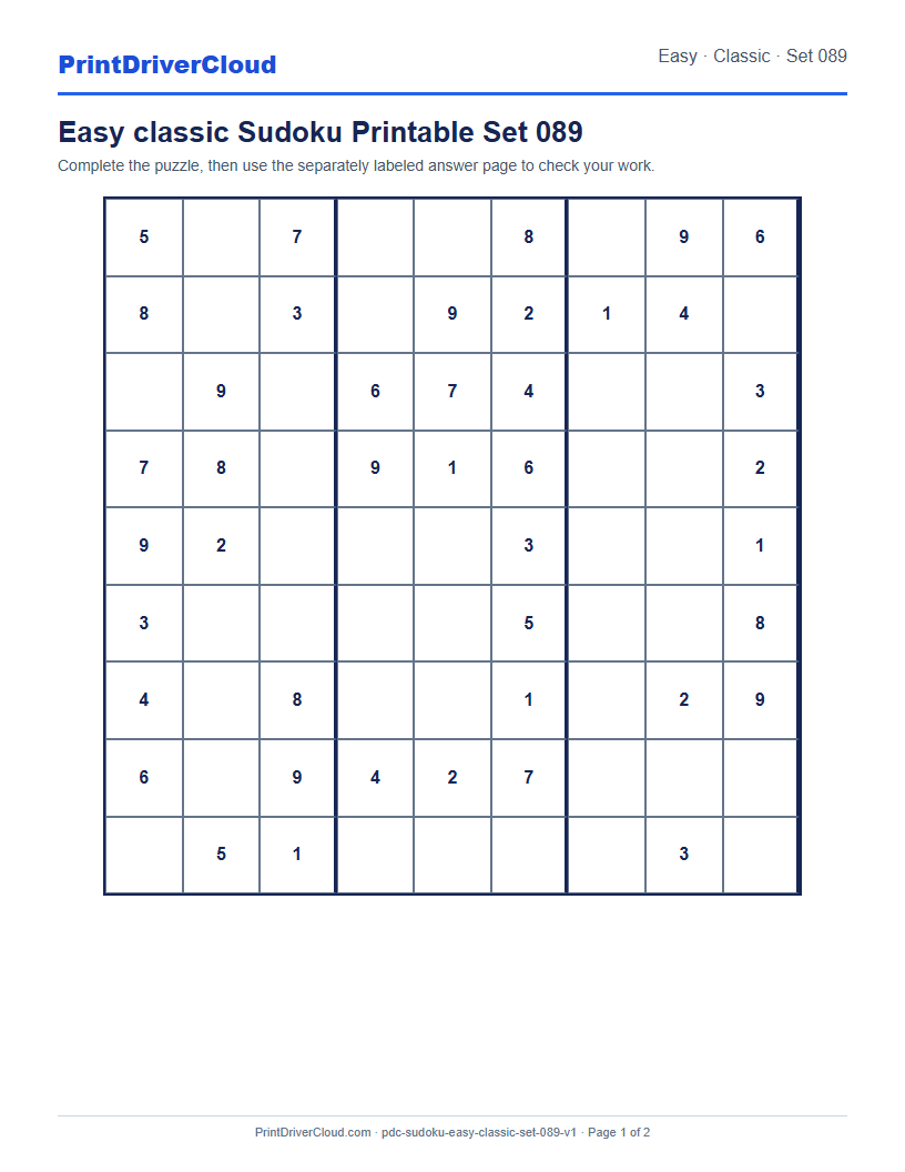 Preview of Easy classic Sudoku Printable Set 089