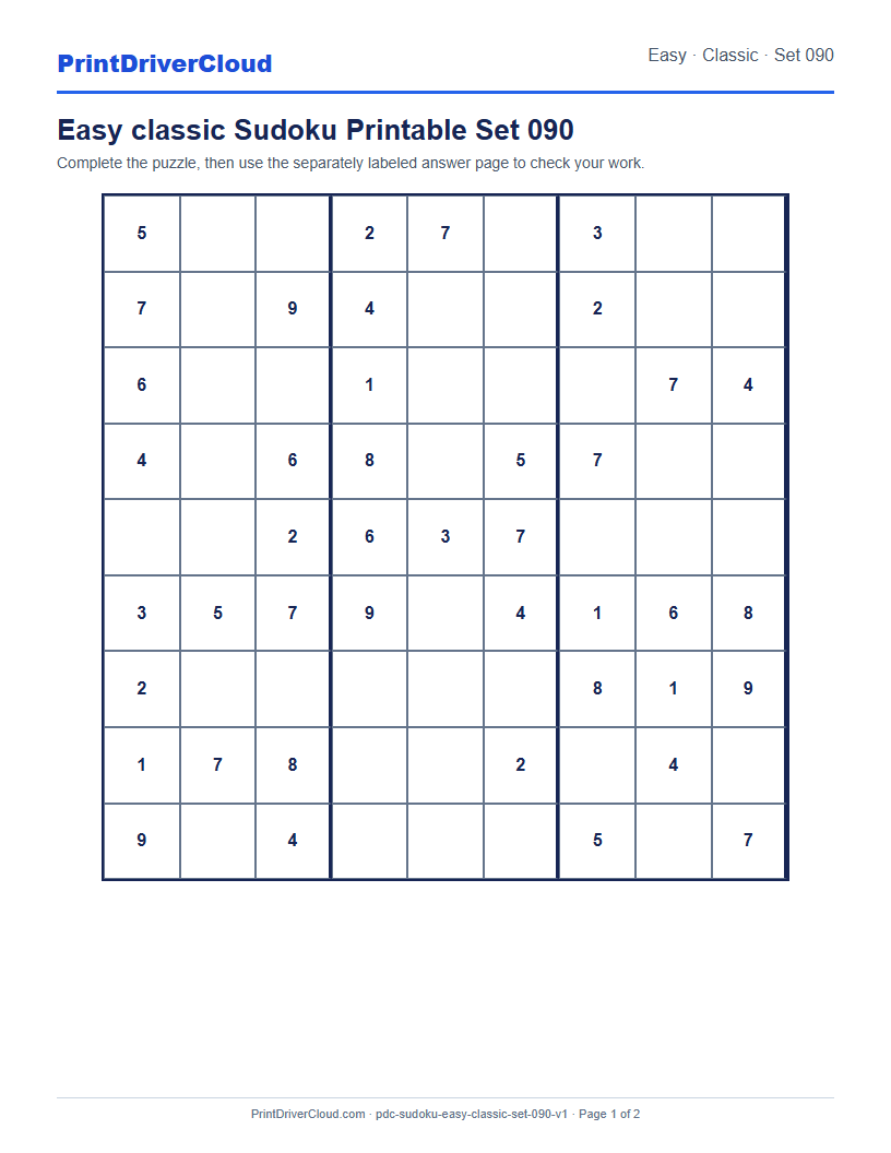 Preview of Easy classic Sudoku Printable Set 090