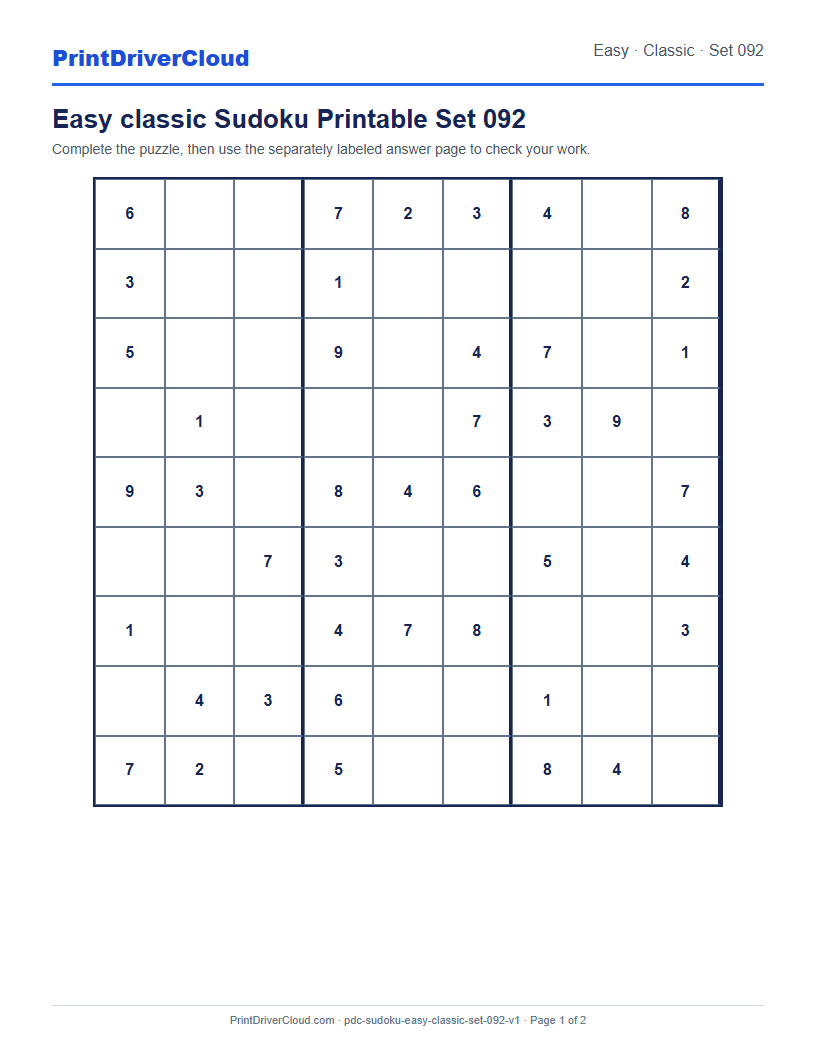 Preview of Easy classic Sudoku Printable Set 092