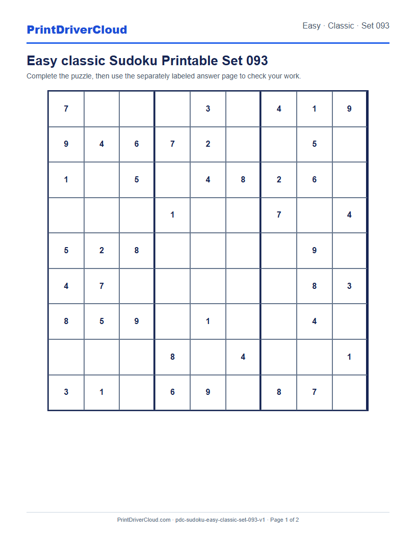 Preview of Easy classic Sudoku Printable Set 093