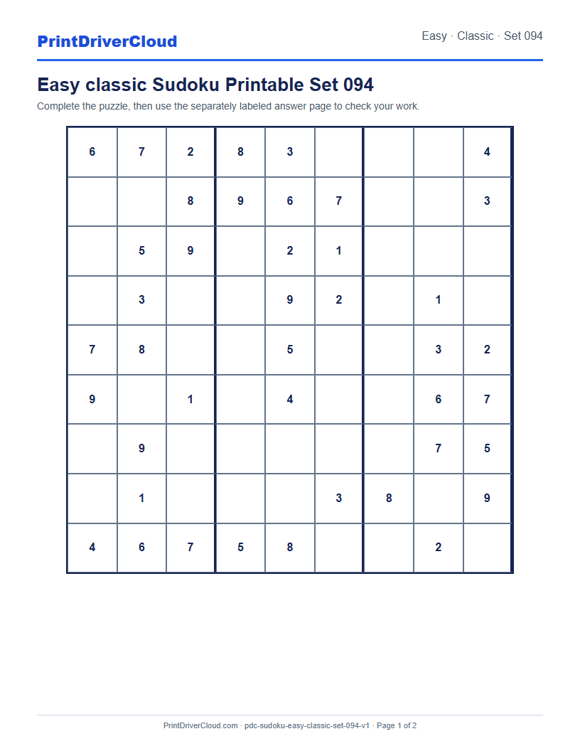 Preview of Easy classic Sudoku Printable Set 094