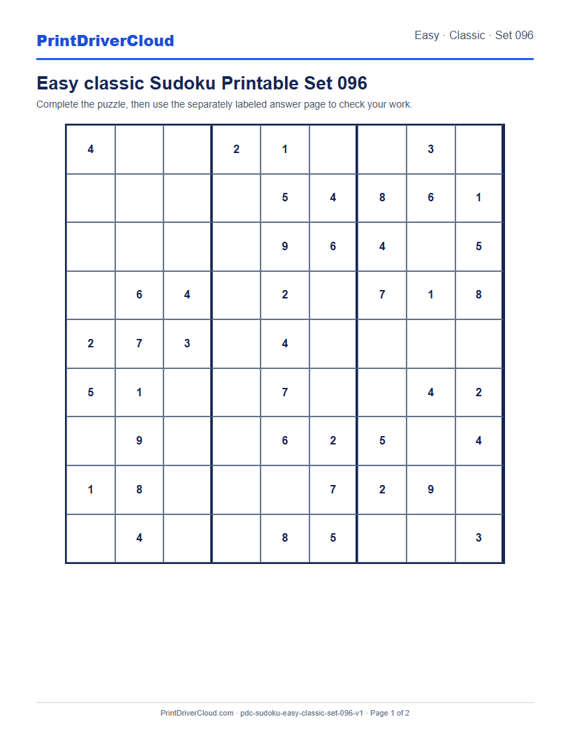 Preview of Easy classic Sudoku Printable Set 096