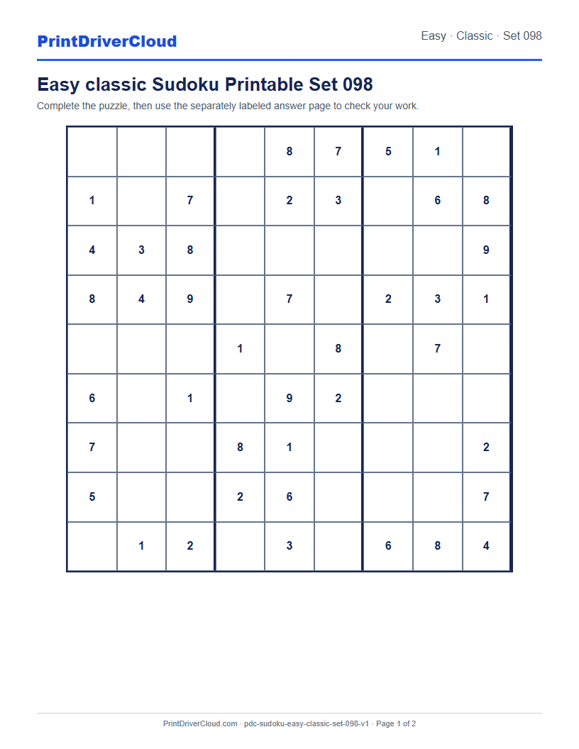 Preview of Easy classic Sudoku Printable Set 098