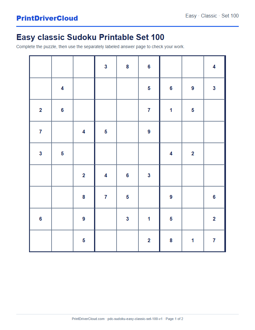 Preview of Easy classic Sudoku Printable Set 100