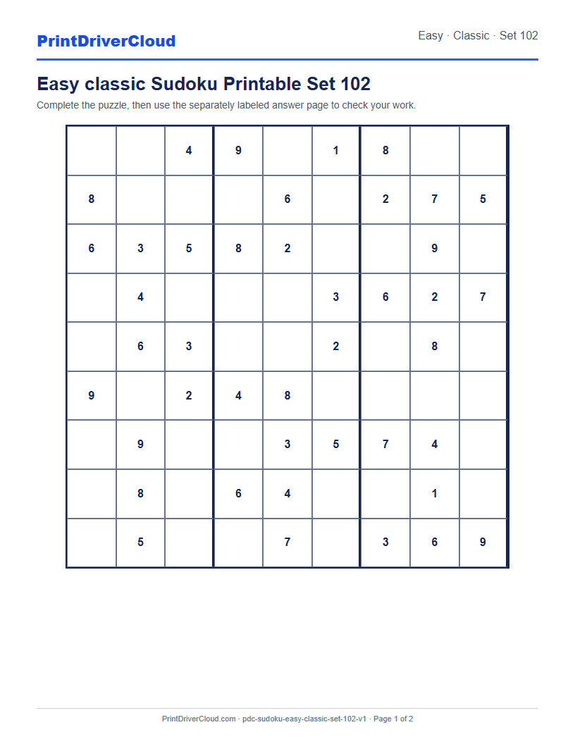 Preview of Easy classic Sudoku Printable Set 102