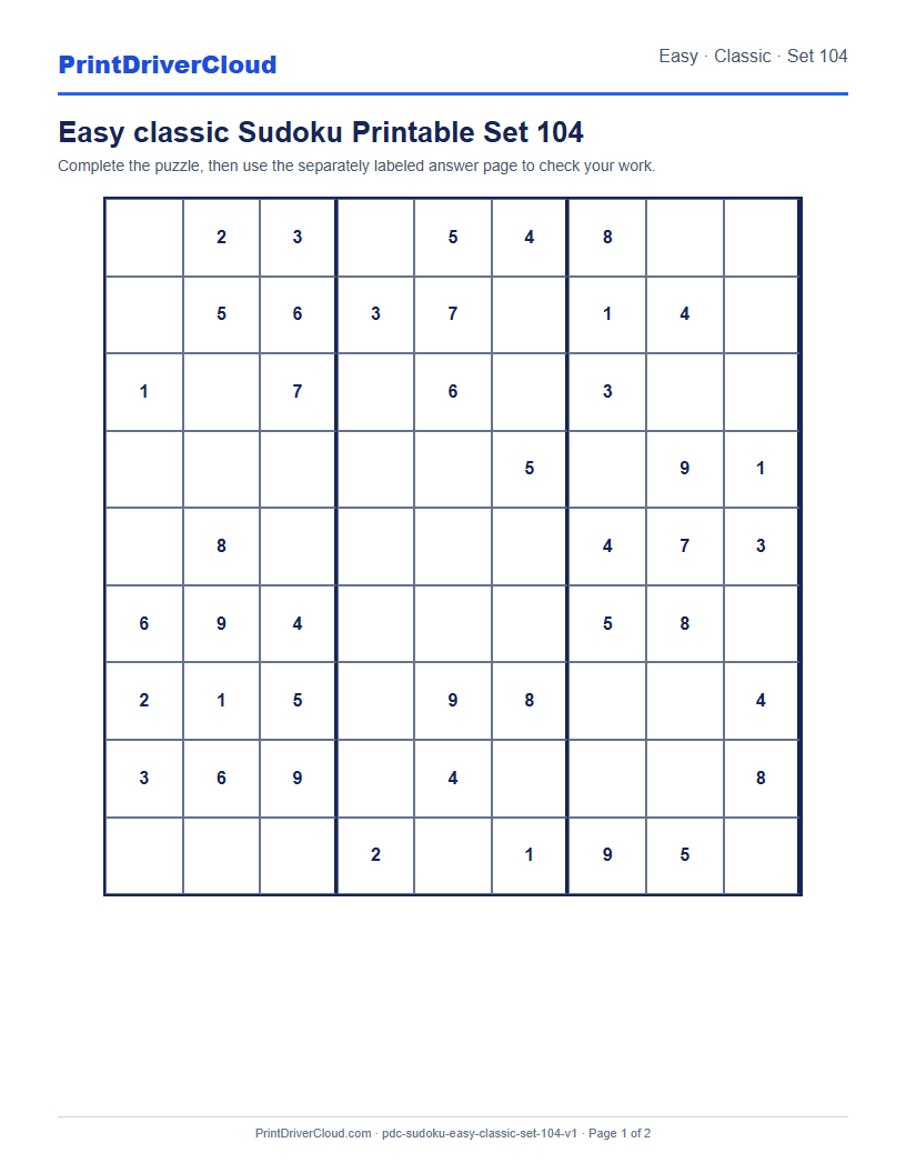 Preview of Easy classic Sudoku Printable Set 104