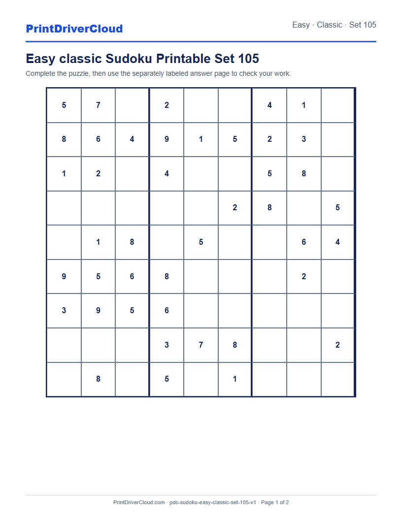 Preview of Easy classic Sudoku Printable Set 105