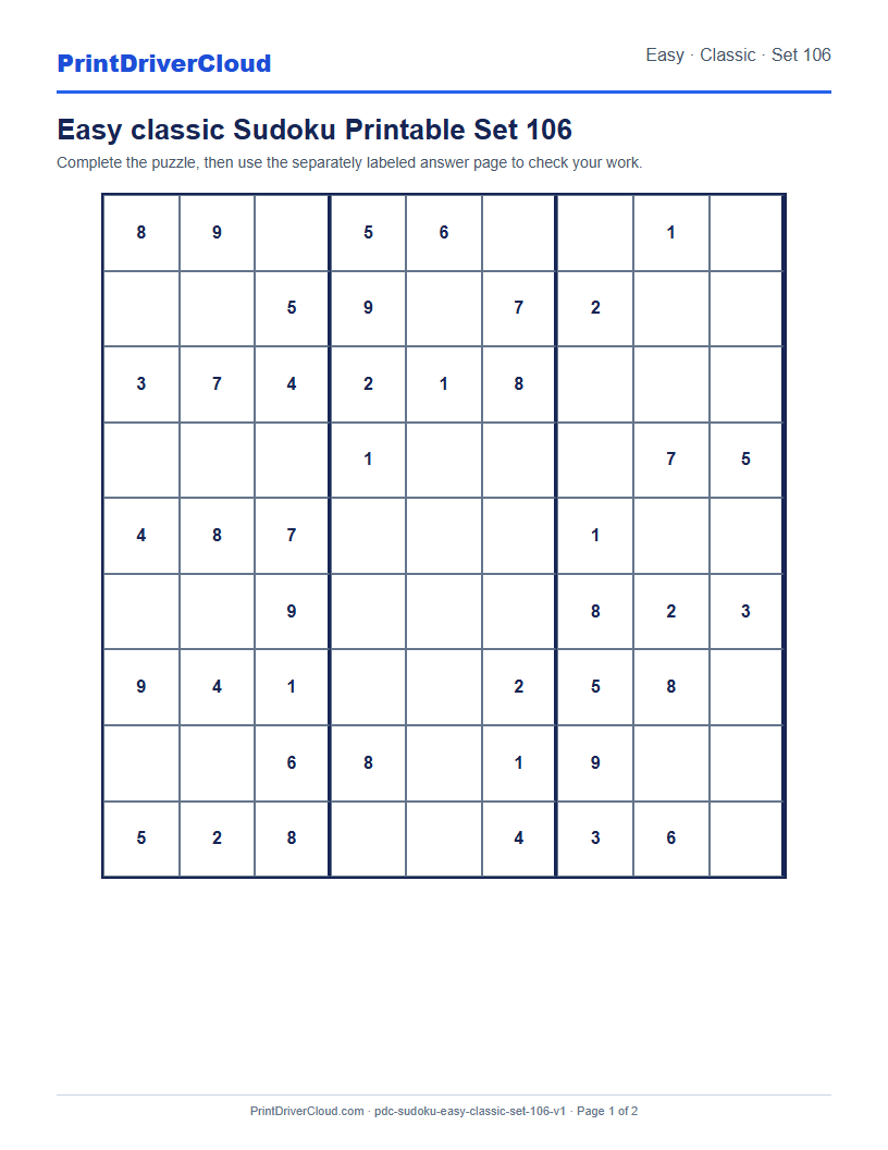 Preview of Easy classic Sudoku Printable Set 106