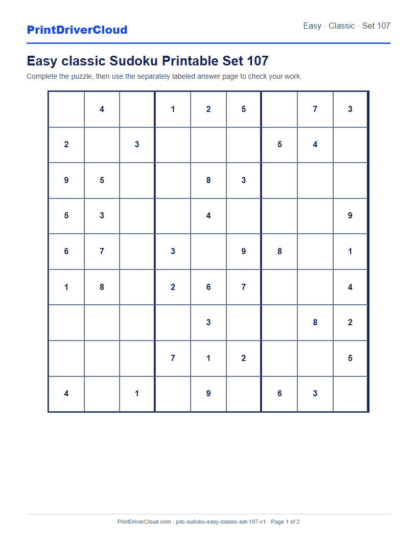 Preview of Easy classic Sudoku Printable Set 107