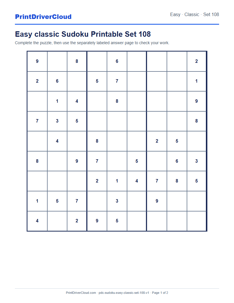 Preview of Easy classic Sudoku Printable Set 108