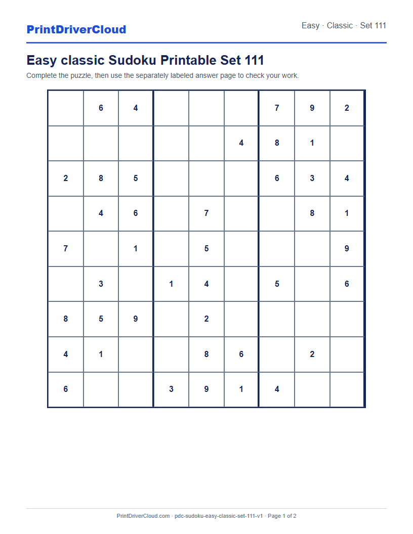 Preview of Easy classic Sudoku Printable Set 111