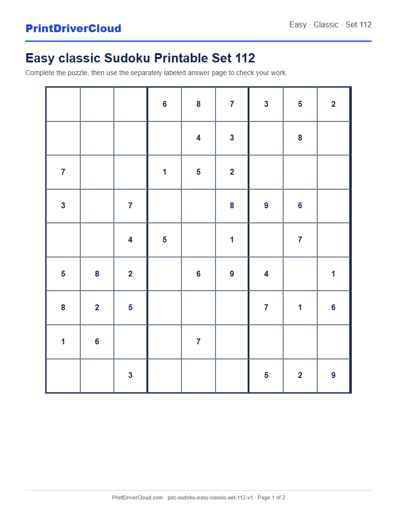 Preview of Easy classic Sudoku Printable Set 112