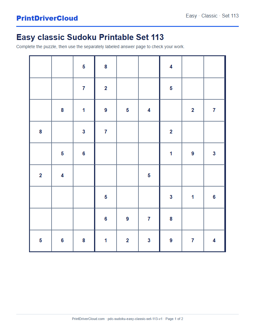 Preview of Easy classic Sudoku Printable Set 113