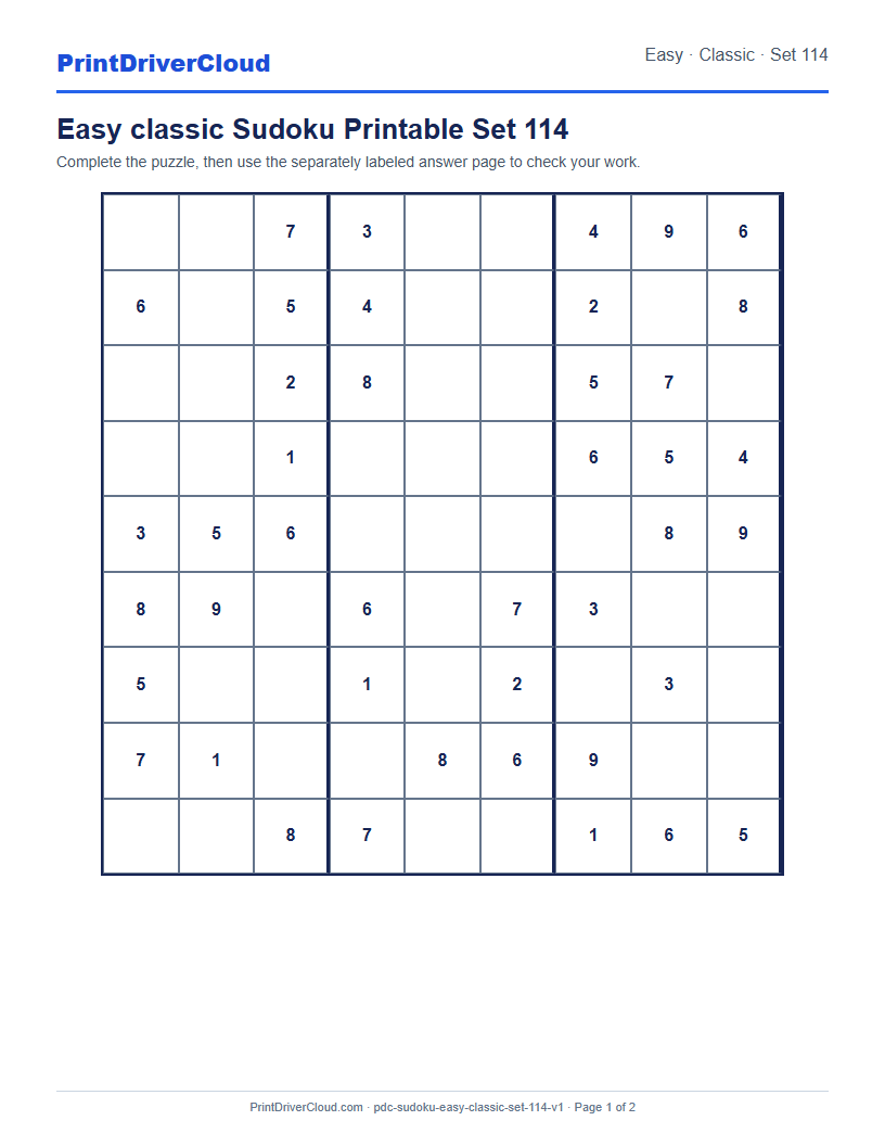 Preview of Easy classic Sudoku Printable Set 114