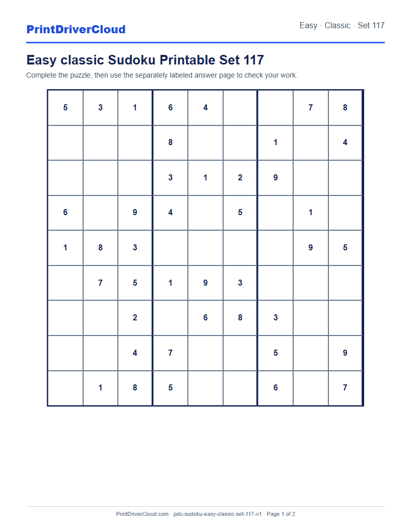 Preview of Easy classic Sudoku Printable Set 117