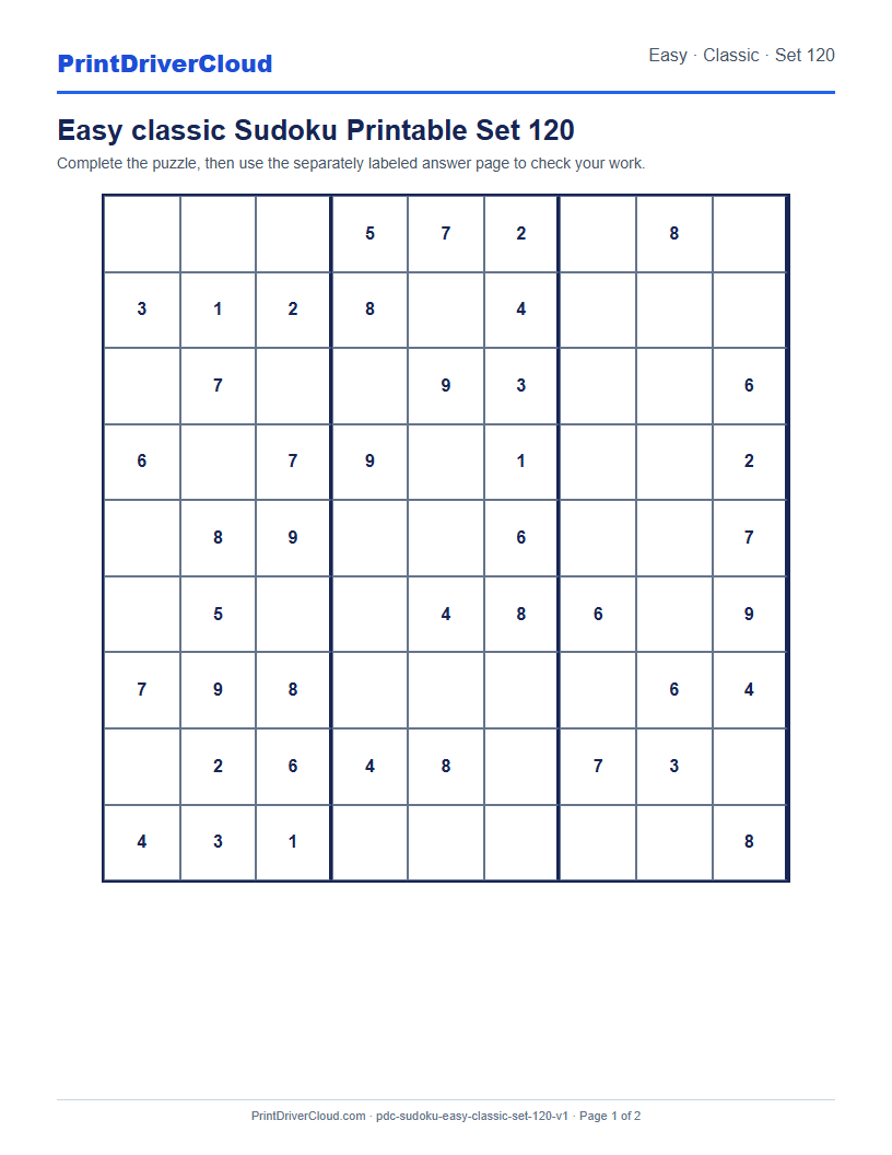 Preview of Easy classic Sudoku Printable Set 120