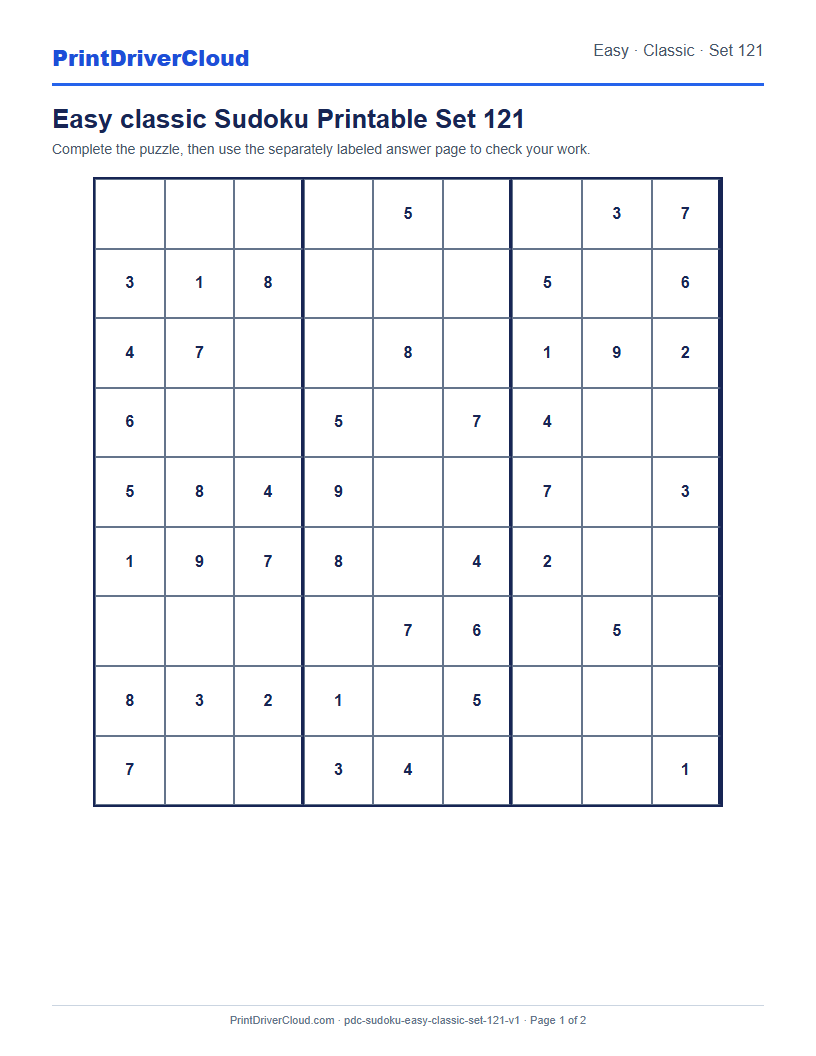 Preview of Easy classic Sudoku Printable Set 121