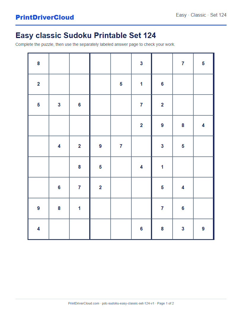 Preview of Easy classic Sudoku Printable Set 124
