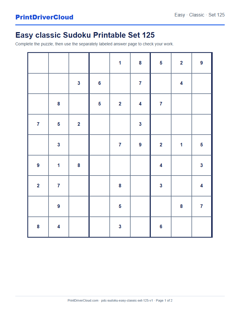 Preview of Easy classic Sudoku Printable Set 125