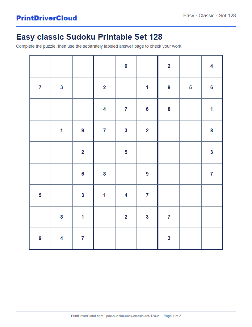 Preview of Easy classic Sudoku Printable Set 128