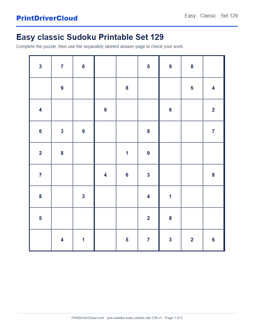 Preview of Easy classic Sudoku Printable Set 129