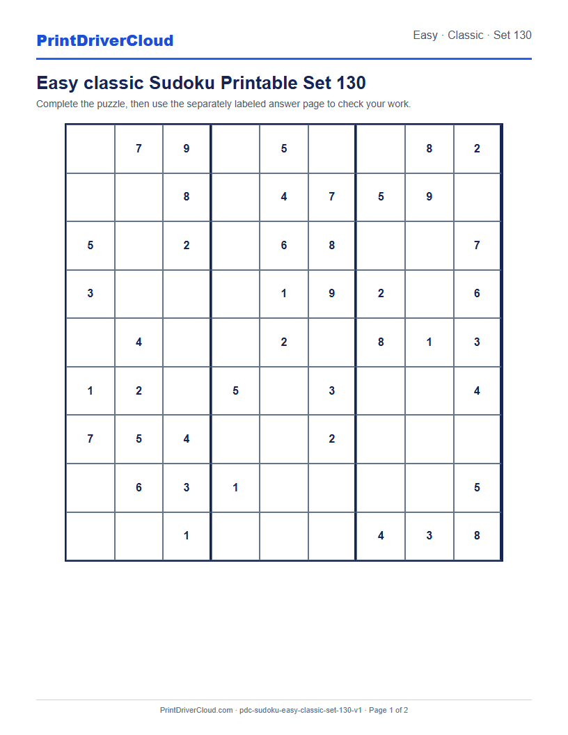 Preview of Easy classic Sudoku Printable Set 130