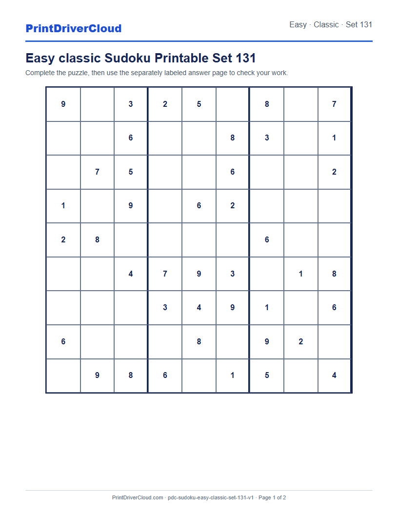 Preview of Easy classic Sudoku Printable Set 131