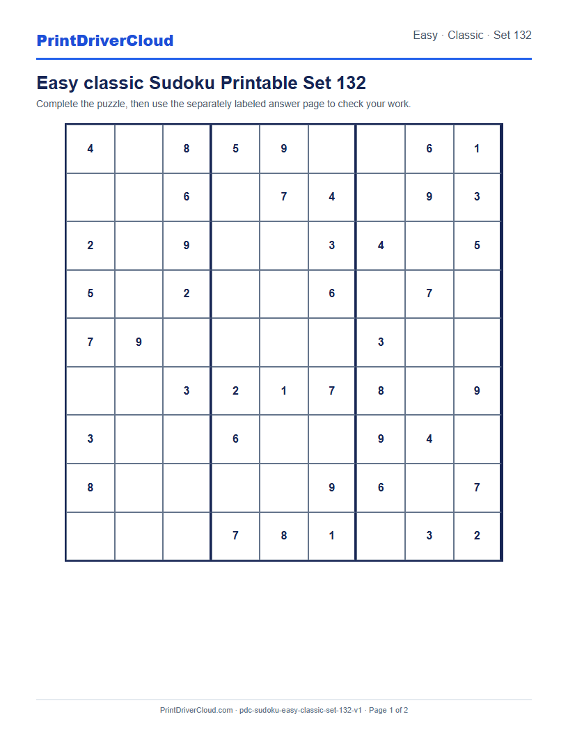 Preview of Easy classic Sudoku Printable Set 132