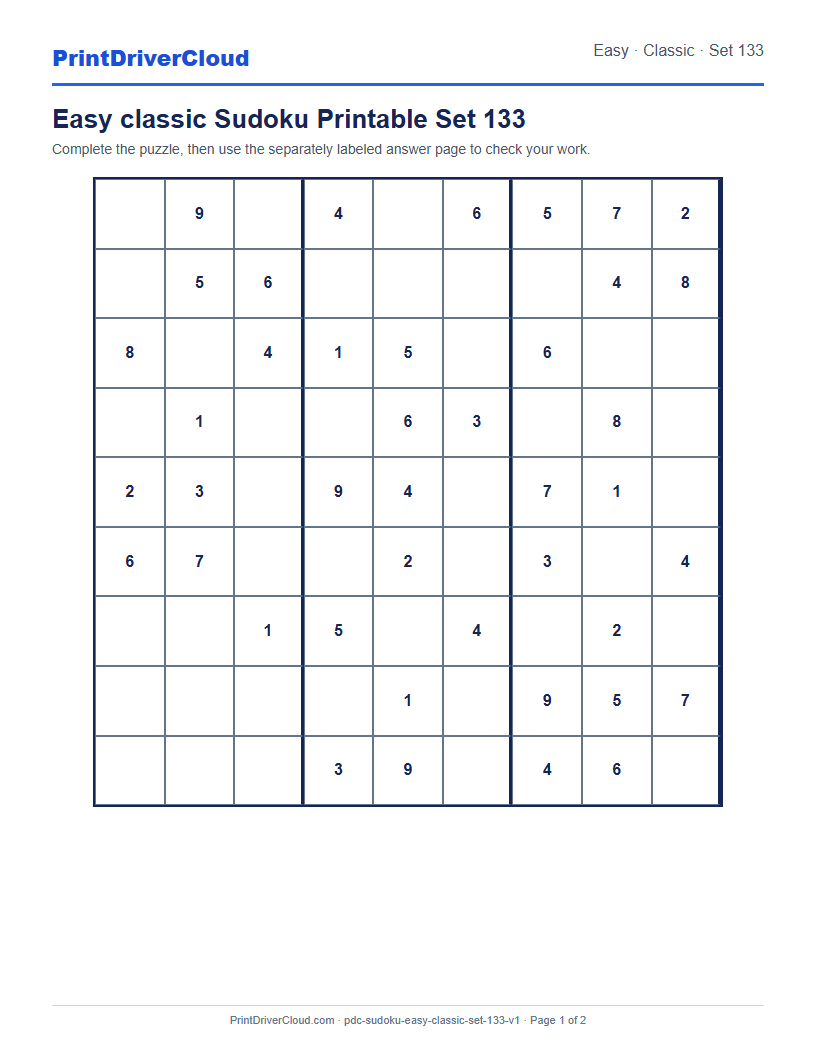 Preview of Easy classic Sudoku Printable Set 133