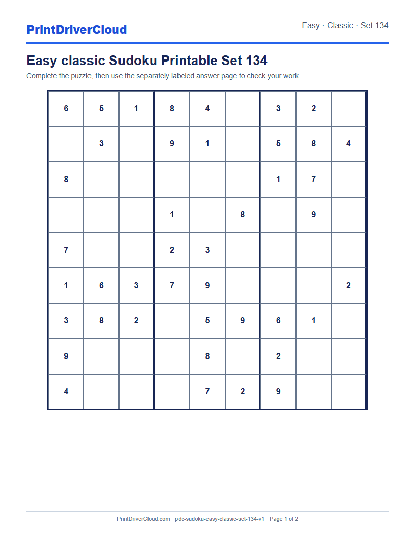 Preview of Easy classic Sudoku Printable Set 134