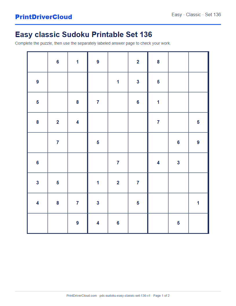 Preview of Easy classic Sudoku Printable Set 136