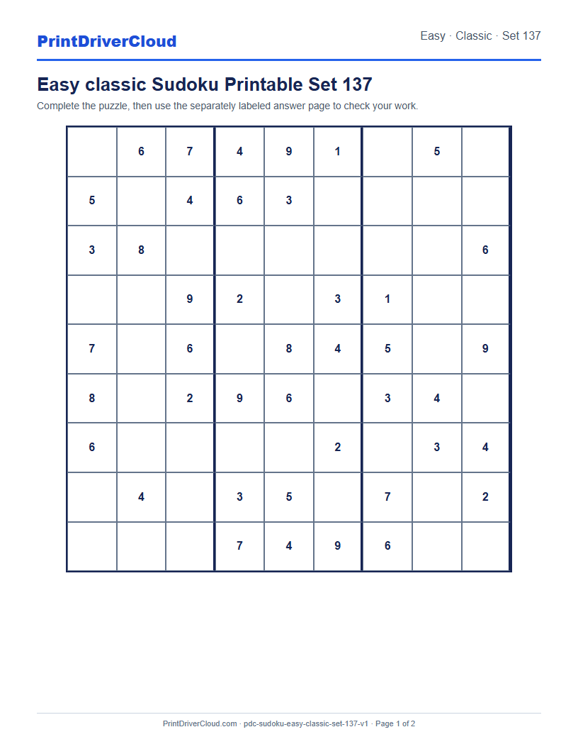Preview of Easy classic Sudoku Printable Set 137