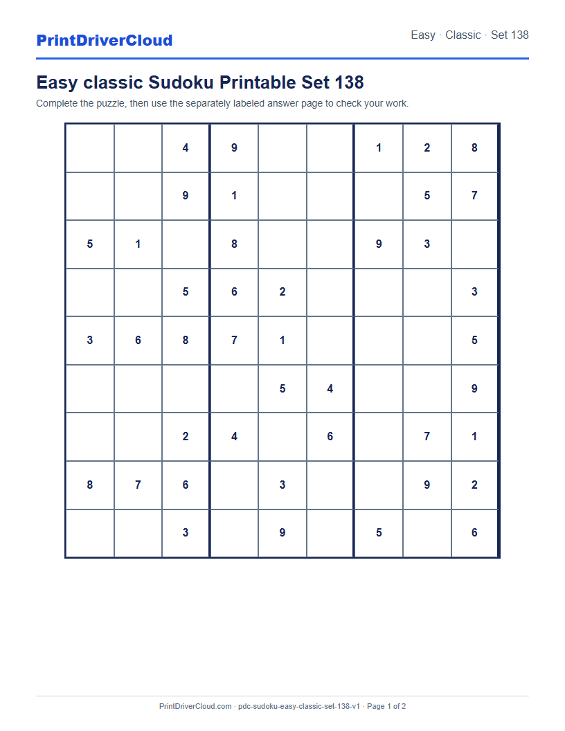 Preview of Easy classic Sudoku Printable Set 138