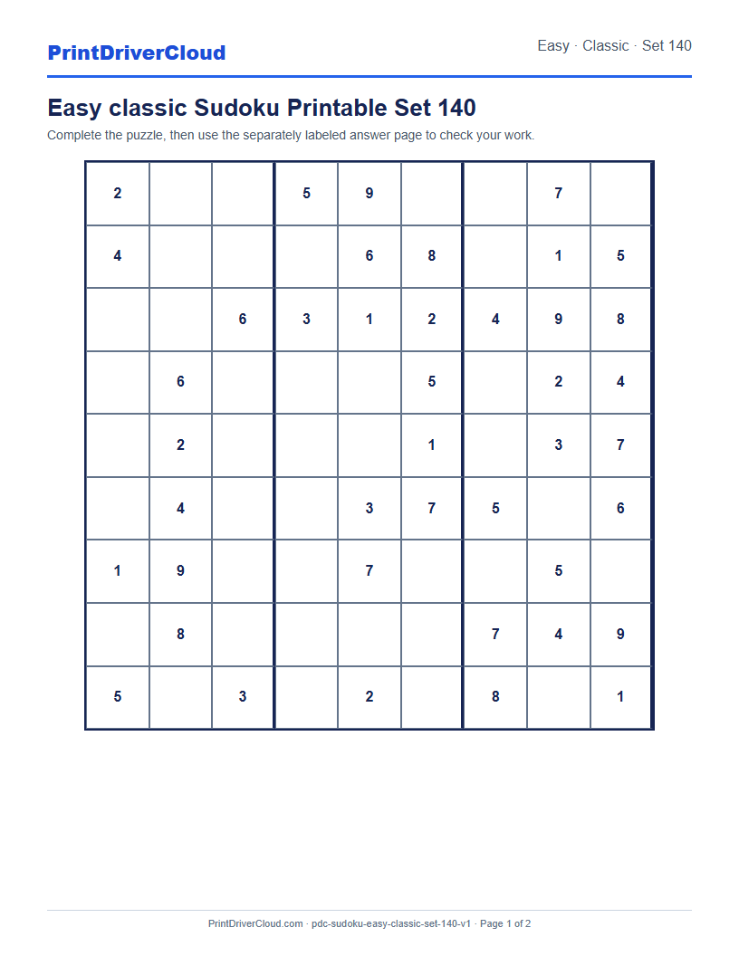 Preview of Easy classic Sudoku Printable Set 140