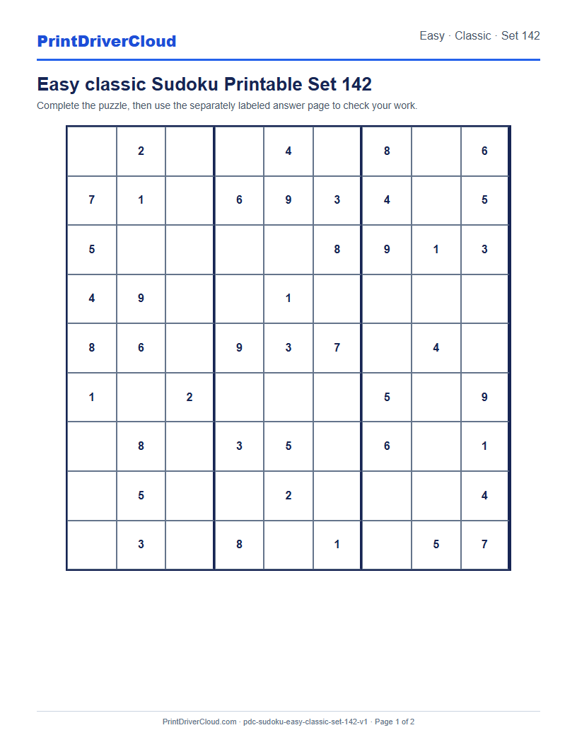 Preview of Easy classic Sudoku Printable Set 142